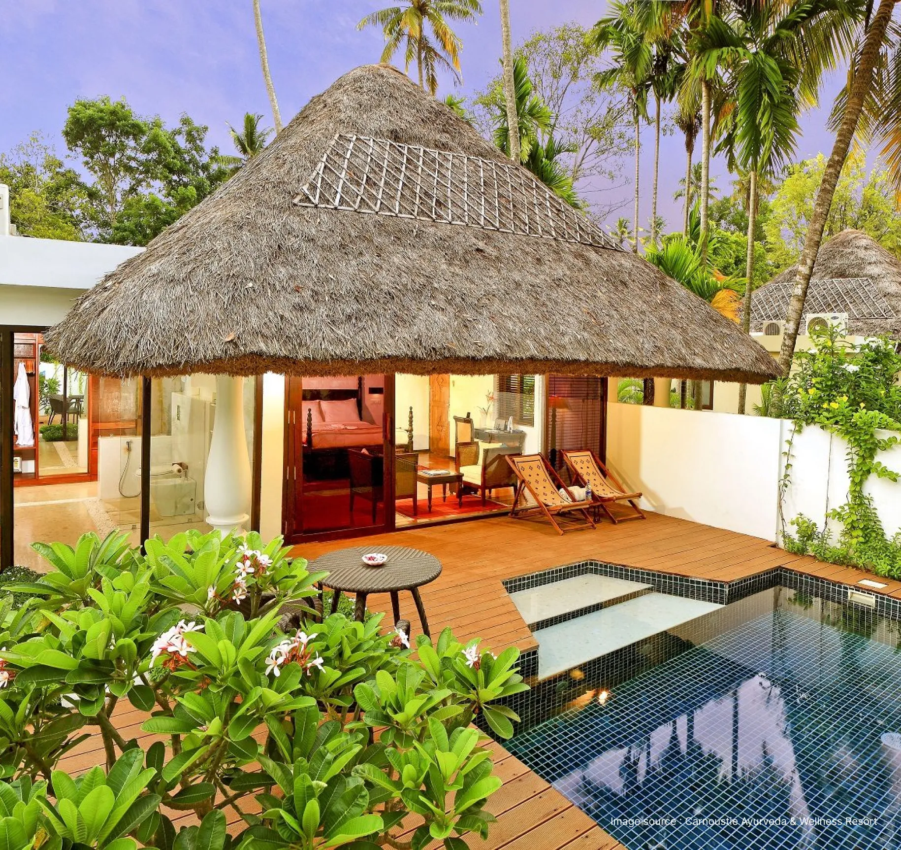 a cottage style suite at the carnoustie ayurveda resort with pool & plants in frame