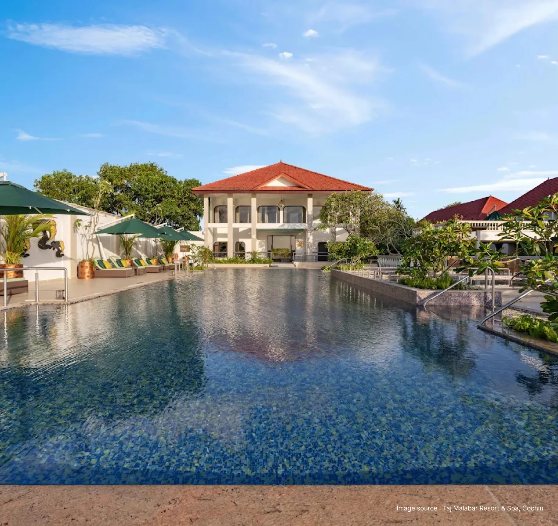 pool area view of the Taj Malabar resort with its suites & lush greenery in view