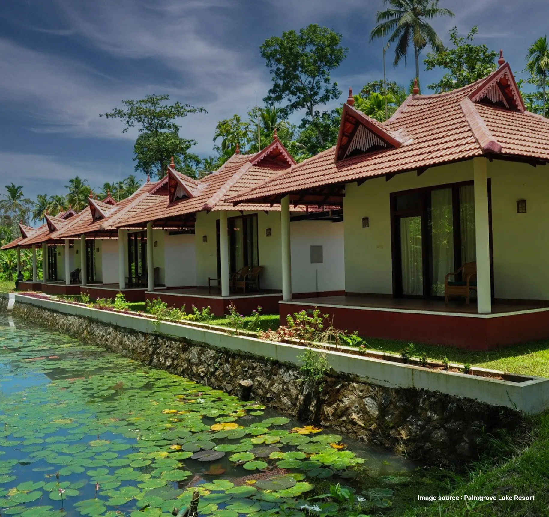 traditional cottage style suites of the palmgrove lake resort lining up by the lake with palm trees in frame