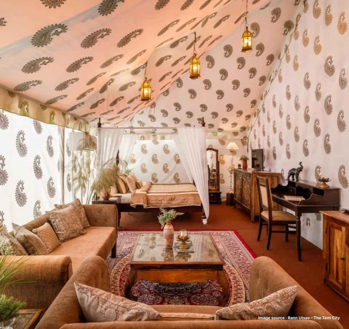 a luxurious tent stay in rann utsav with sofas and furniture