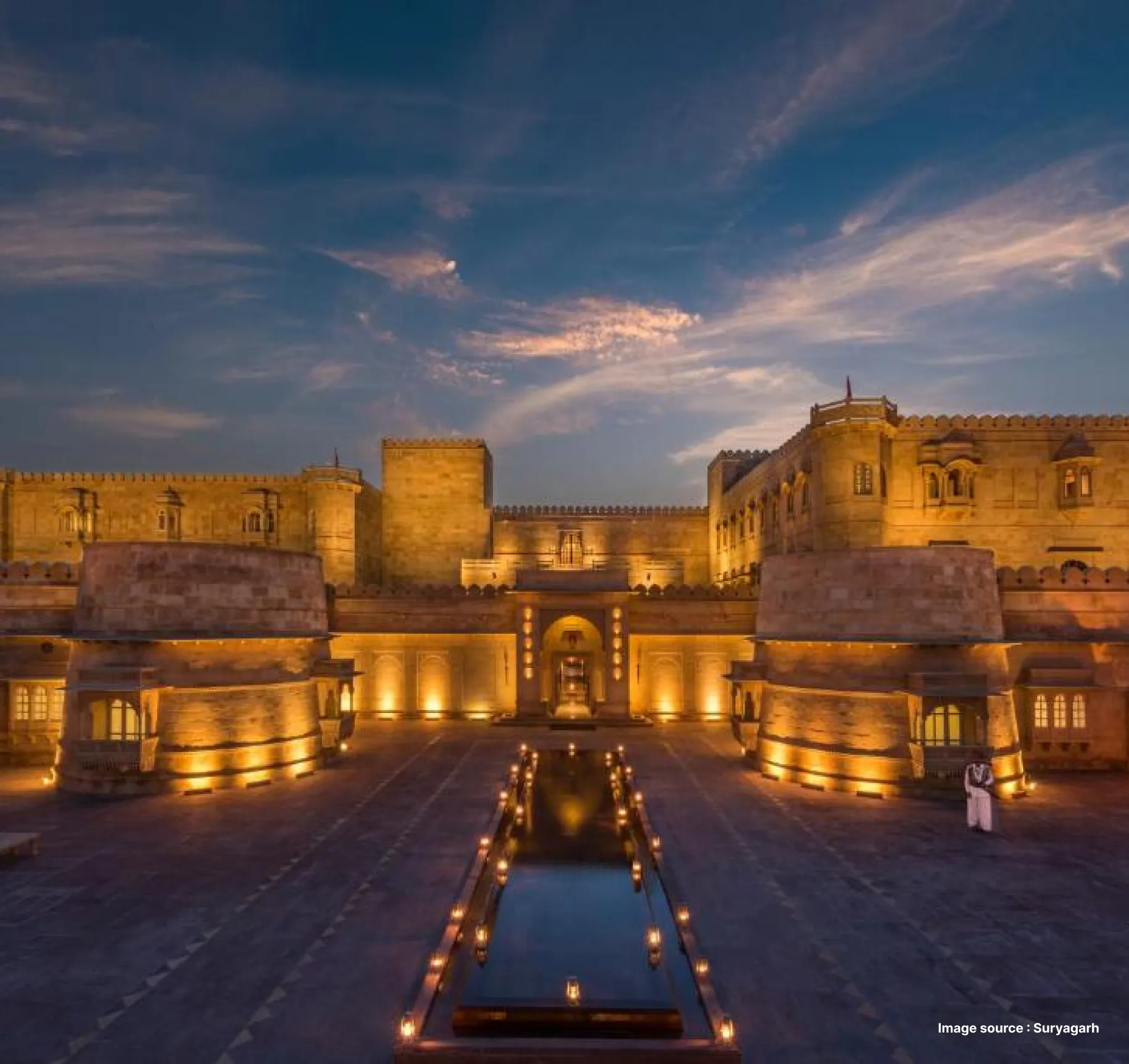 beautiful lighting at sunset of the suryagarh hotel's front view