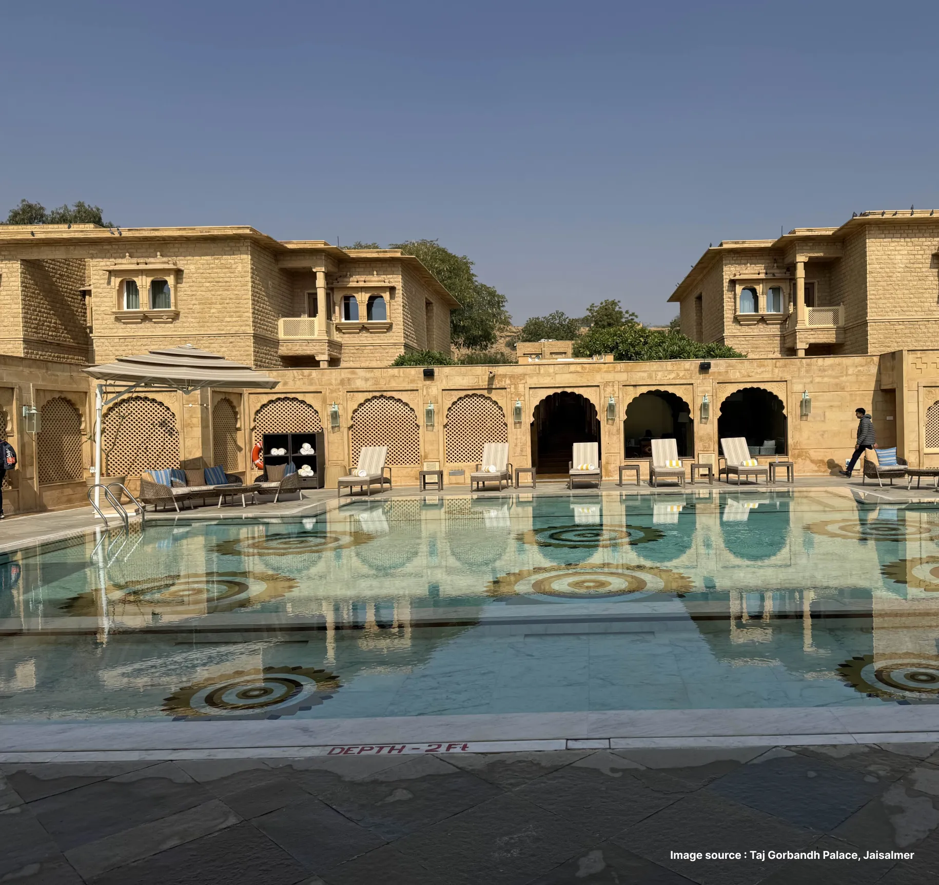 golden sandstone architecture with archways of the taj gorbandh palace of jaisalmer