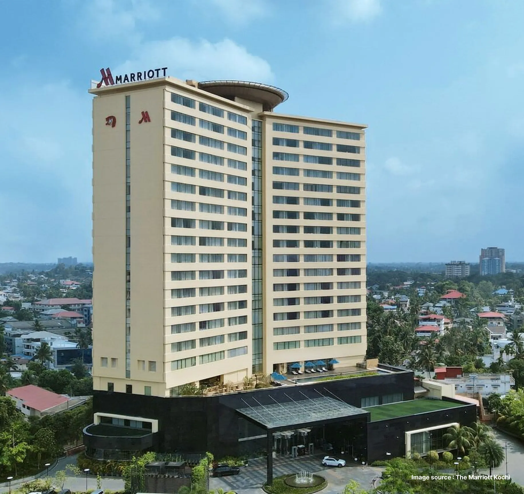the multi storied marriott building in kochi with cloudy skies