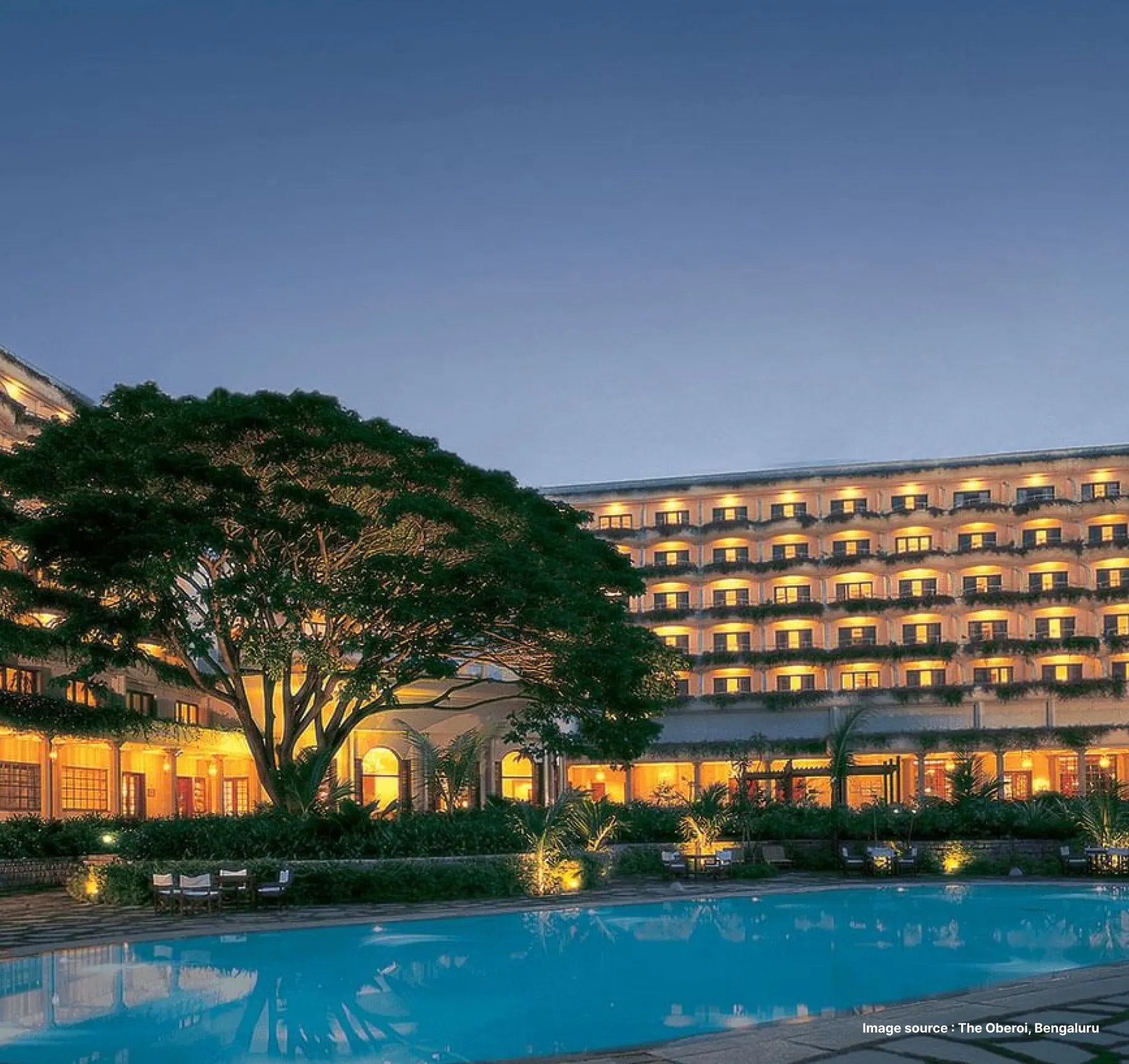 beautifully lit up building of the opulent the oberoi hotel with a large pool side tree in view