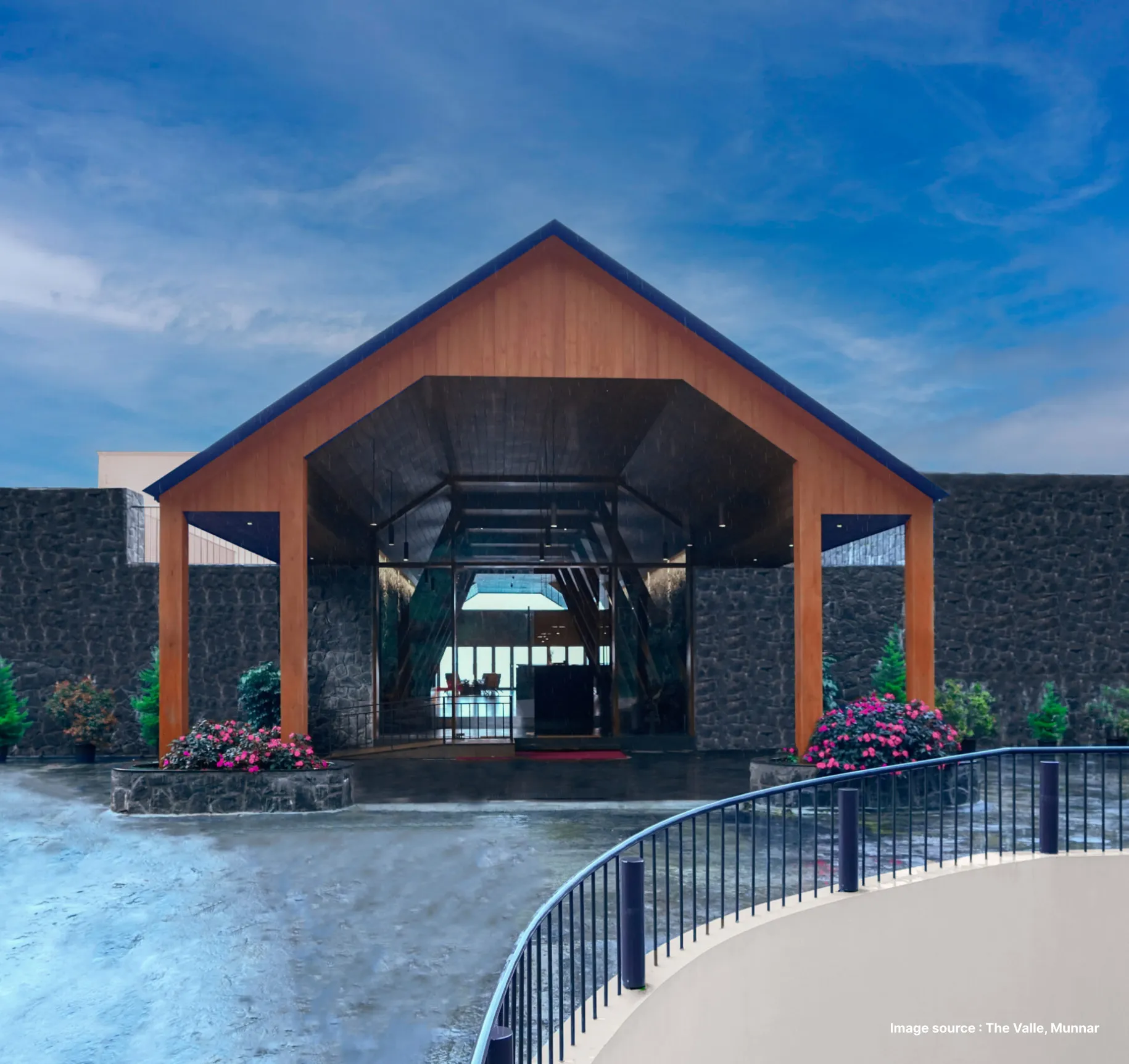entrance view of the Valle in Munnar with a unique wooden archway architecture