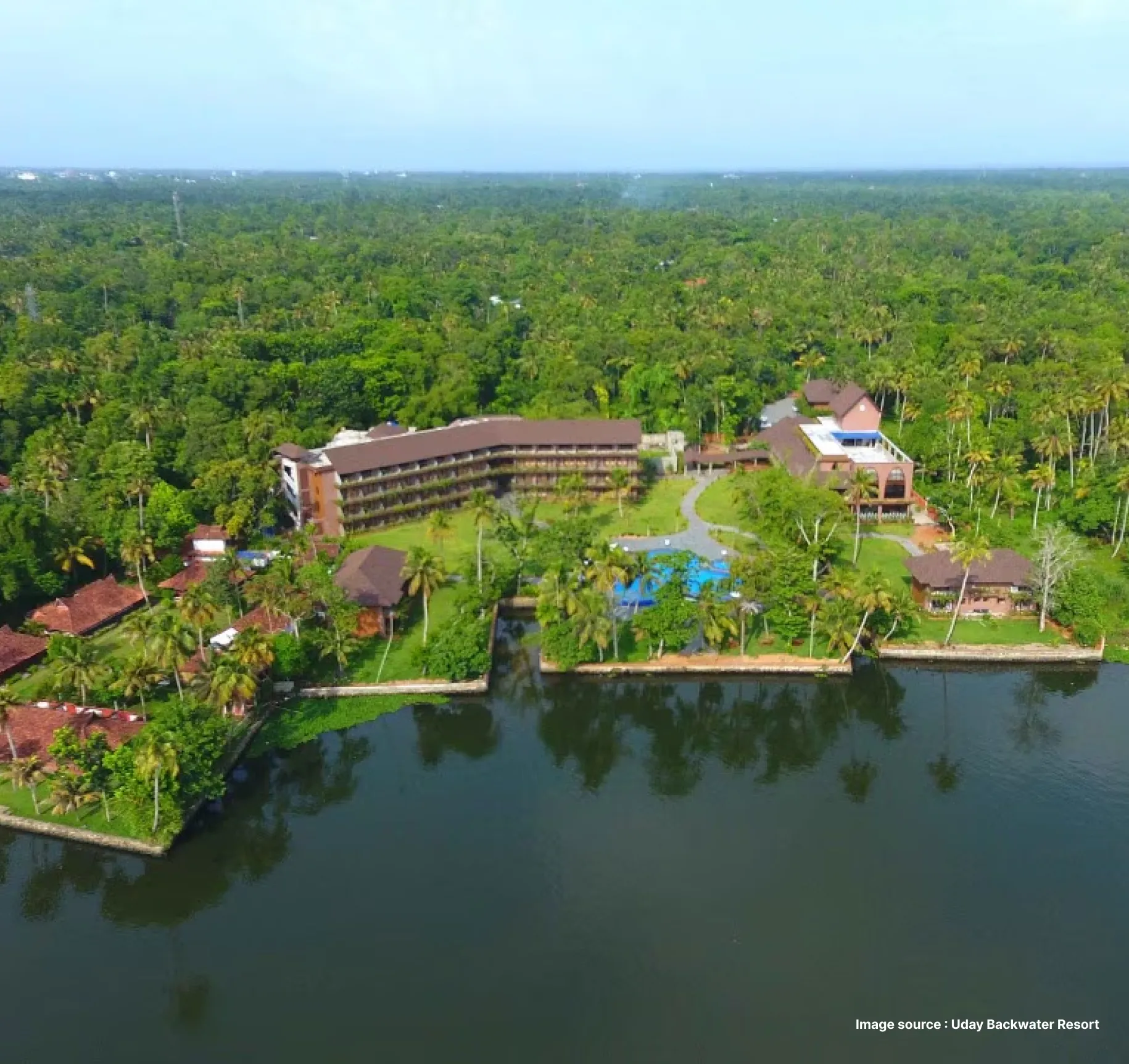 an aerial shot of the waterfront Uday Backwater resort with lush greenery in the background