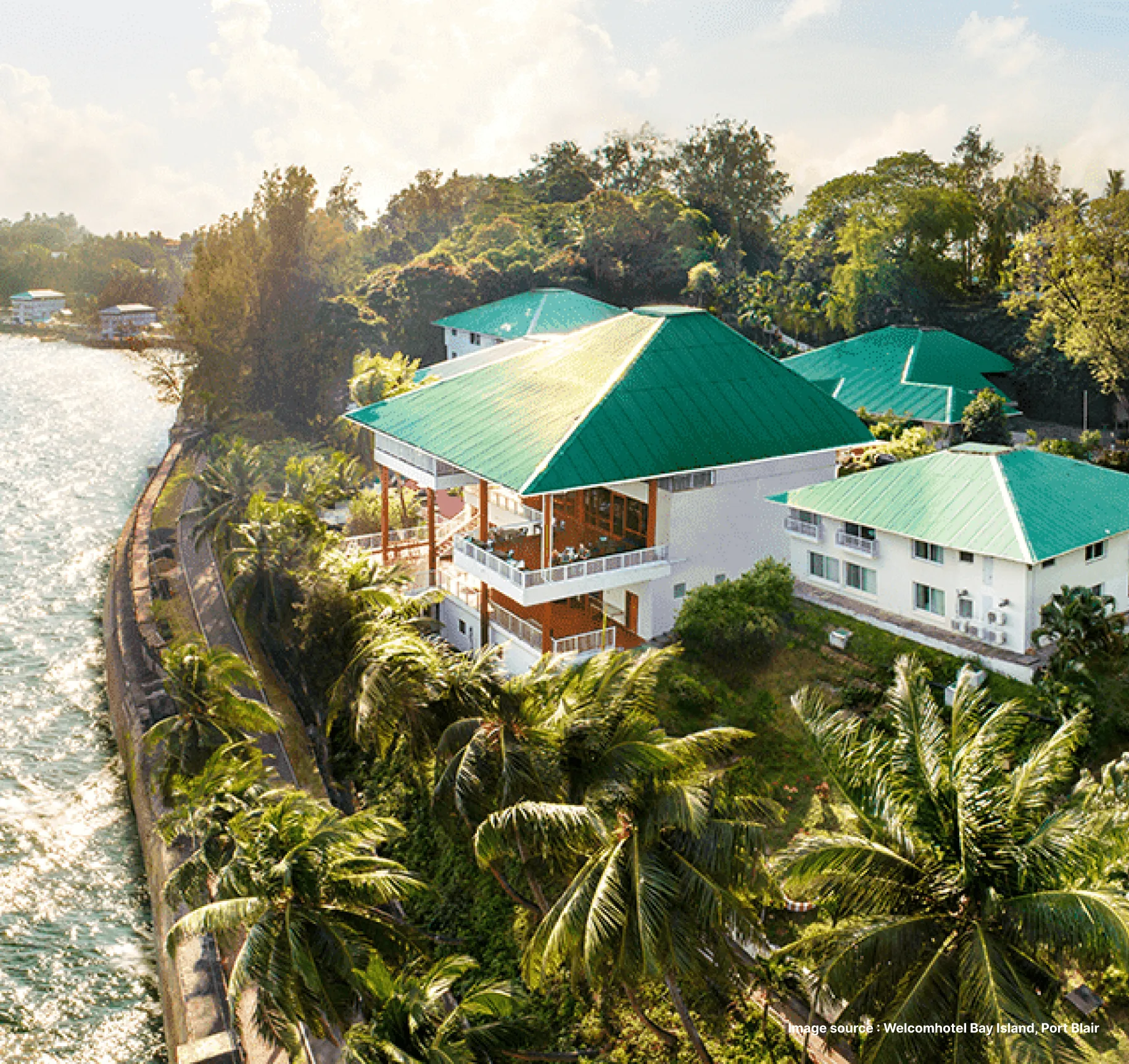 aerial shot of green roofedvilla stay at welcomhotel in port blair surrounded by lush palm trees