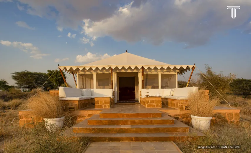 Stay in desert at Suján The Serai provides luxurious tented suites, private pools, spa treatments, and immersive cultural experiences in Rajasthan's golden sands.